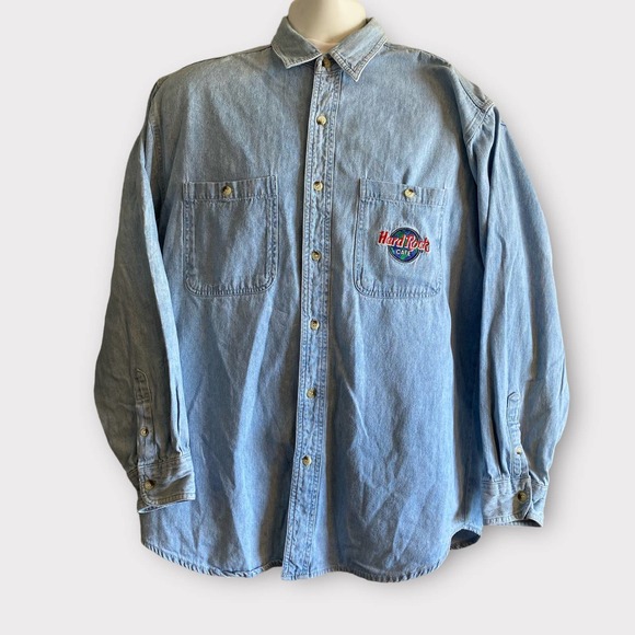Vintage Hard Rock Cafe Mens Button Down Chambray Shirt - Picture 1 of 6